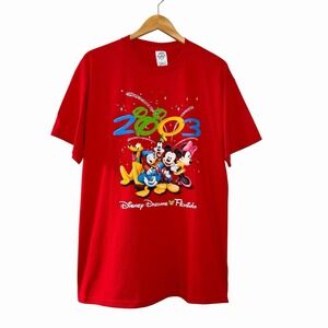 Vtg‎ 2003 Delta Disney Dreams Florida Tee L Red Mickey Goofy Donald Pluto USA